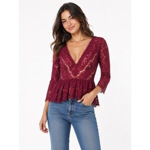 Maeve Anthropologie Burgundy Lace Peplum Top V-Neck 3/4 Sleeve Small Wine Red
